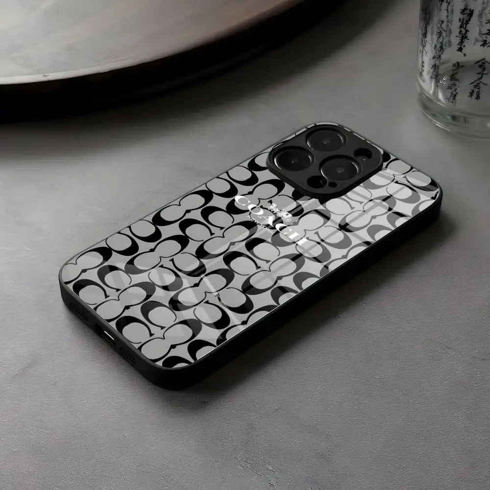 Coque de téléphone de luxe C-Coachs en verre mixte pour iPhone 17 16 15 14 Pro Max 13 12 Mini 11 X XS XR 8 Plus et Samsung S 25 24 23 22 Cove