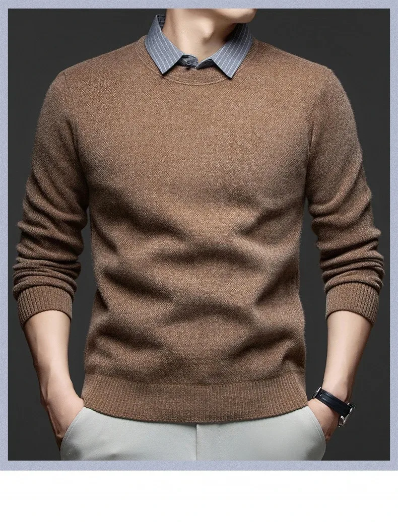 Hochwertiger, warmer Plüsch-Strickpullover für Herren, Herbst-Winter-Komfort, lässige Mode, gefälschter zweiteiliger gestreifter Hemdkragen-Pullover – Detail 1