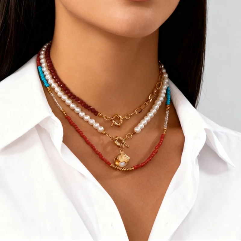 Romantische süße rosa Schleife Liebe Herz Anhänger Halskette Set für Frauen einfache handgemachte mehrschichtige Perlen Halskette Party Schmuck – Detail 12