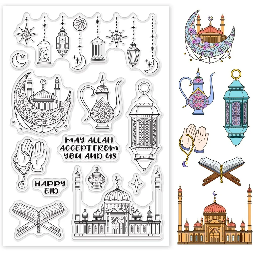 Happy Eid Clear Stamps, 1 Sheet 10 Pattern PVC Plastic Reusable Stamps Lesser Bairam Light Plaza Prayer Hands Transparent