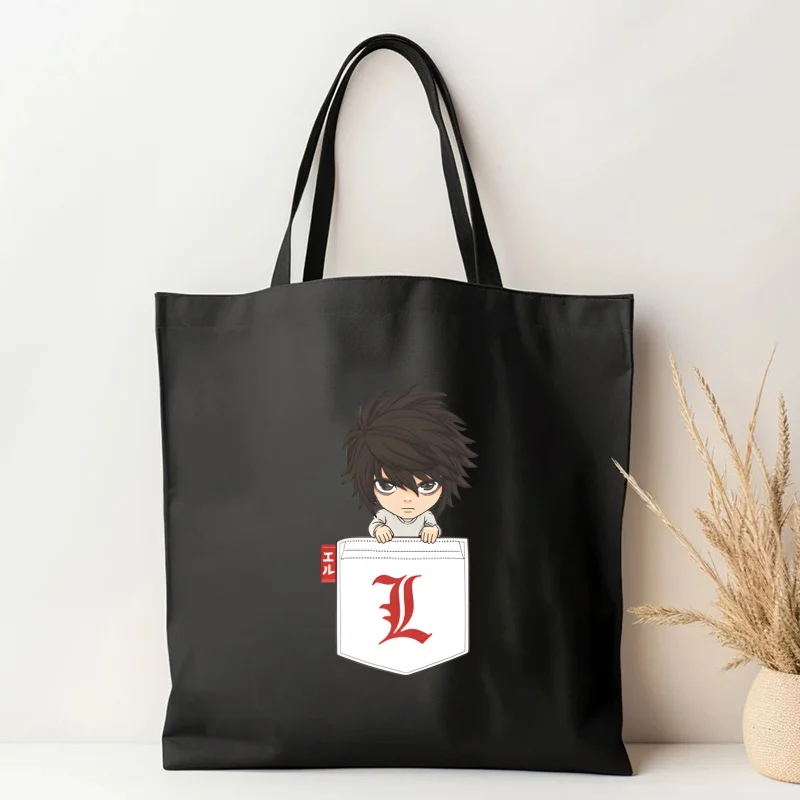 Death Note Light Yagami Near Ryuk L Lawliet Canvas Women College Handbags Black Tote Bag Large Casual Fashion Shoulder Bags