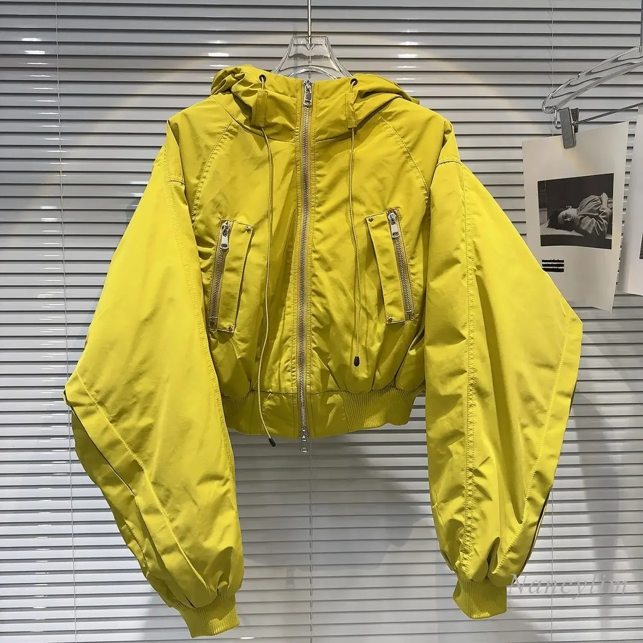 2024 Winter New American Spice Girl Metal Zipper Down Liner Jacket Coat Women's Street Fashion Short Lemon Green Jackets