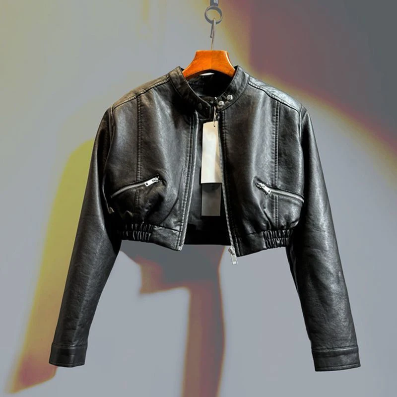 Chic Black Women Cropped Moto Jacket Zip Up Crew Neck Pockets Coat Faux Leather High Street Y2K Streetwear Winter Outwear Top