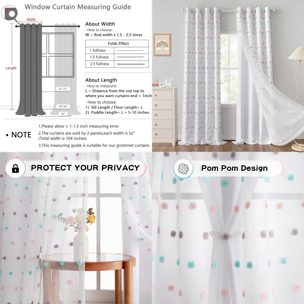 어린이 방용 투명 무지개 폼폼 커튼, 84인치 길이, 빛 차단, 이중 레이어, 흰색, 52x84, 2개 세트