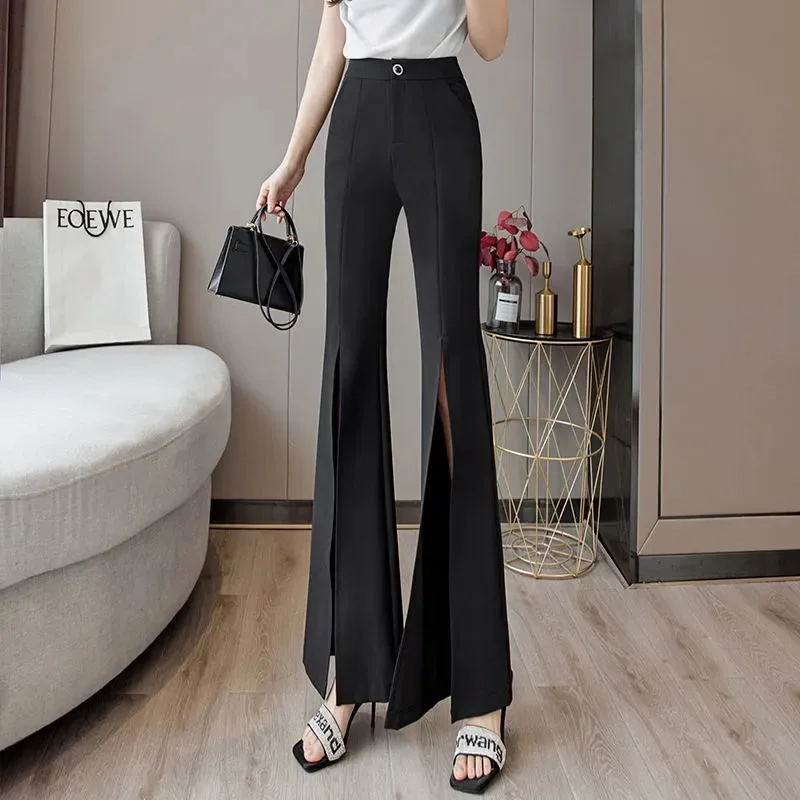 

Women's Black High-Waisted Flared Pants Split Hem Trousers Elegant Office Party Wear