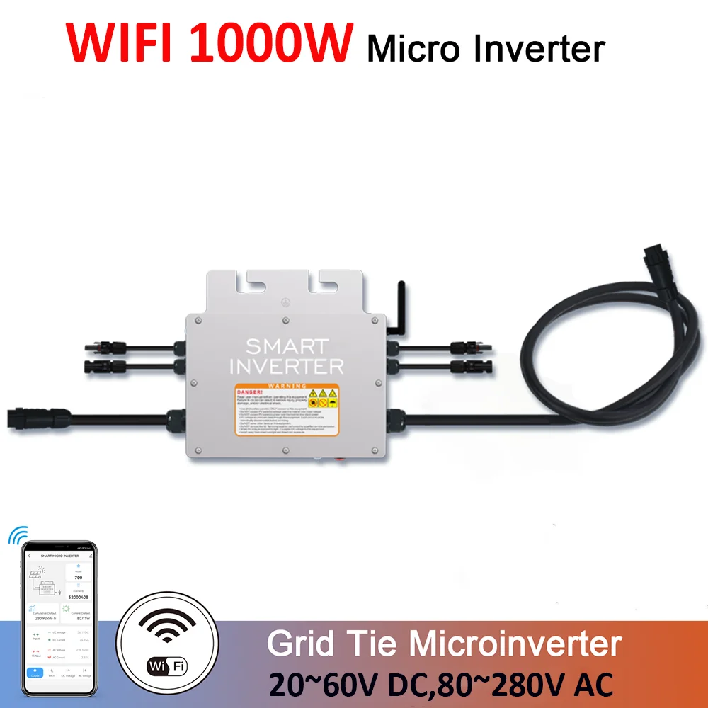 1000W Grid Tie Solar Inverter 20-60V DC to AC 120V/240V Auto Pure Sine Wave Microinverter for PV Solar Panel Converter MPPT 2023