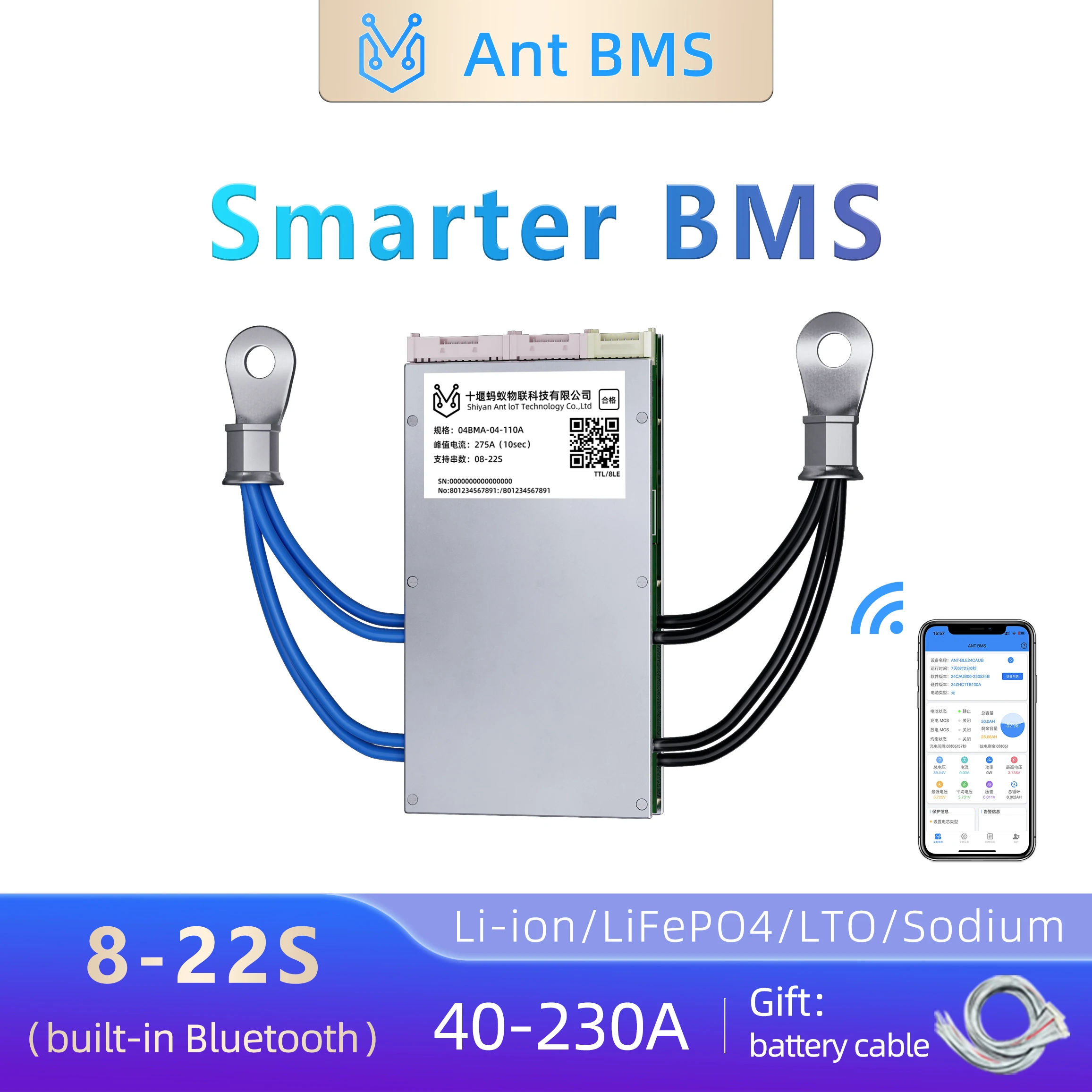 ANT SMART BMS 8S to 22S 40A to 230A  NCM LiFePo4 LTO Battery 18650 Built-in Bluetooth Smart Balance Remote Monitor daly JK