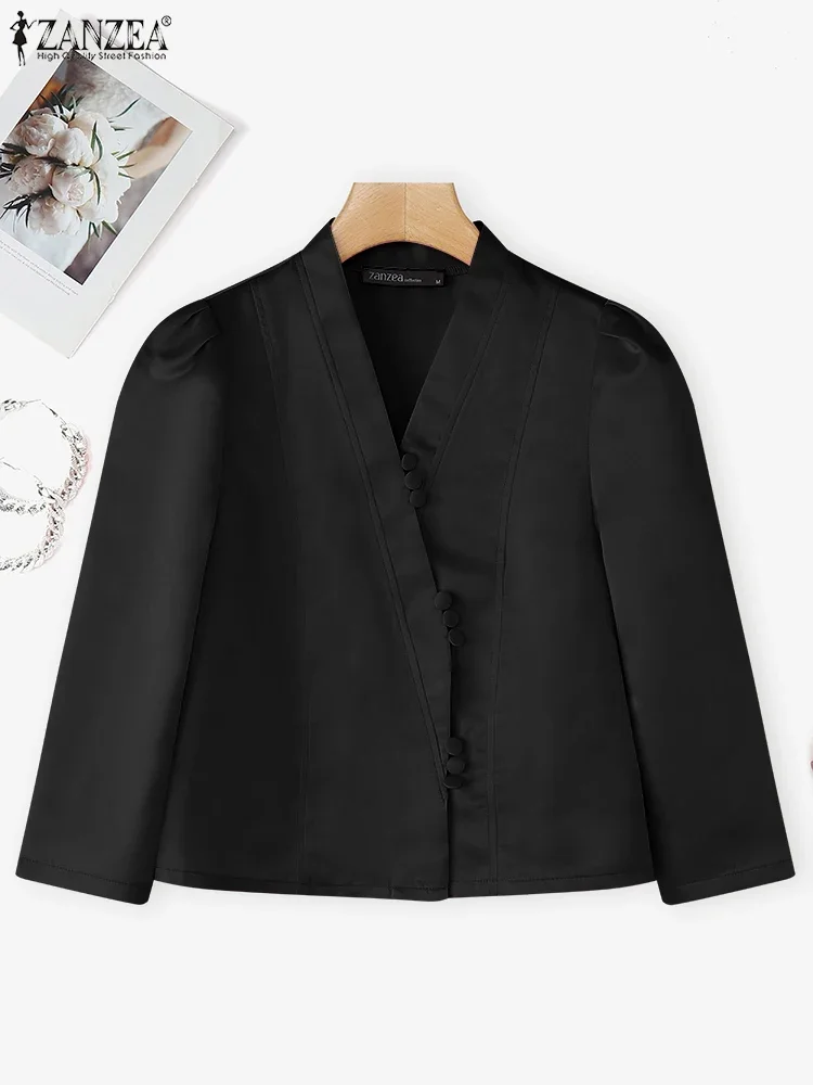 ZANZEA femmes élégantes mode bureau dame OL chemises Blouse Sexy col en v décontracté couleur unie hauts tunique boutons manches bouffantes Blusas