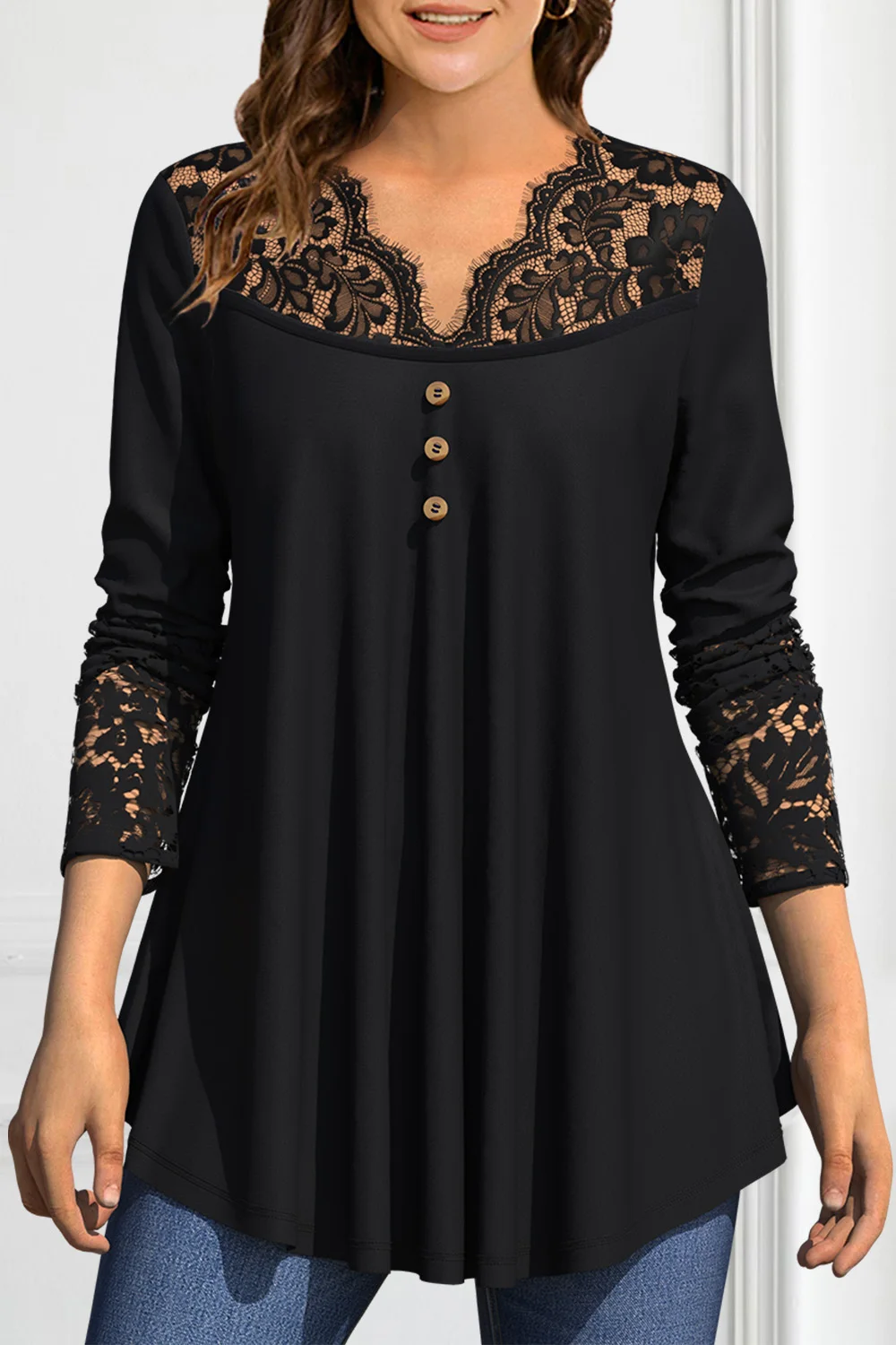 Flycurvy Plus Size Casual Black Lace Stitching Decorative Button Fold Tunic Bluzka z długim rękawem dla kobiet