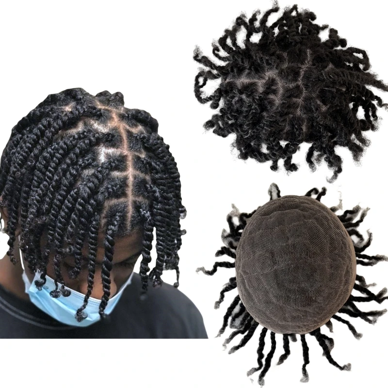 

Brazilian Virgin Human Hair Systems #1 Jet Black Afro Twist Braids Toupee 8x10 Full Lace Units for Black Men