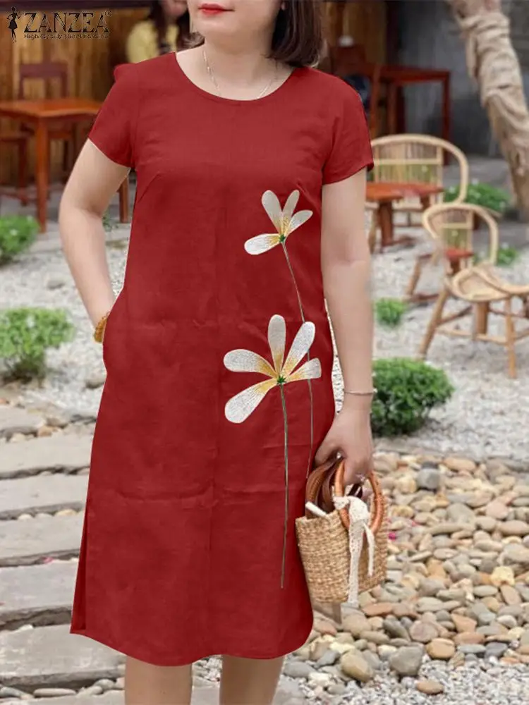 2024 Zanzea Sommer Blumen stickerei Sommerkleid Frauen Kurzarm knielanges Kleid elegante lässige Weihnachts feier Vestidos Kaftan