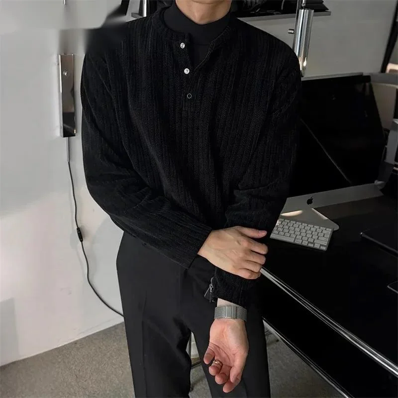 Black Coffee Ribbed Long Sleeve Men's T-shirt 2026 Spring New Loose Casual Round Collar Pillover Tops Chic Clothes DVS5