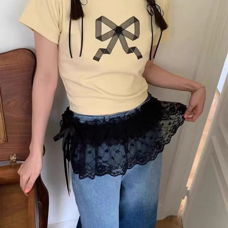 

Korean Fashion Lace Irregular Skirt Curtain White Flowers Lace Mesh Half Skirt Y2K Women Autumn Bottoms Jeans Decorative Hemline