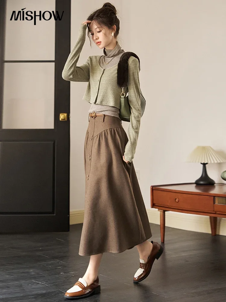 MISHOW High Waist Mid-length A-line Skirt for Women 2023 Autumn French Retro Button Pleated Female Solid Sweet Skirts MXC55B0134