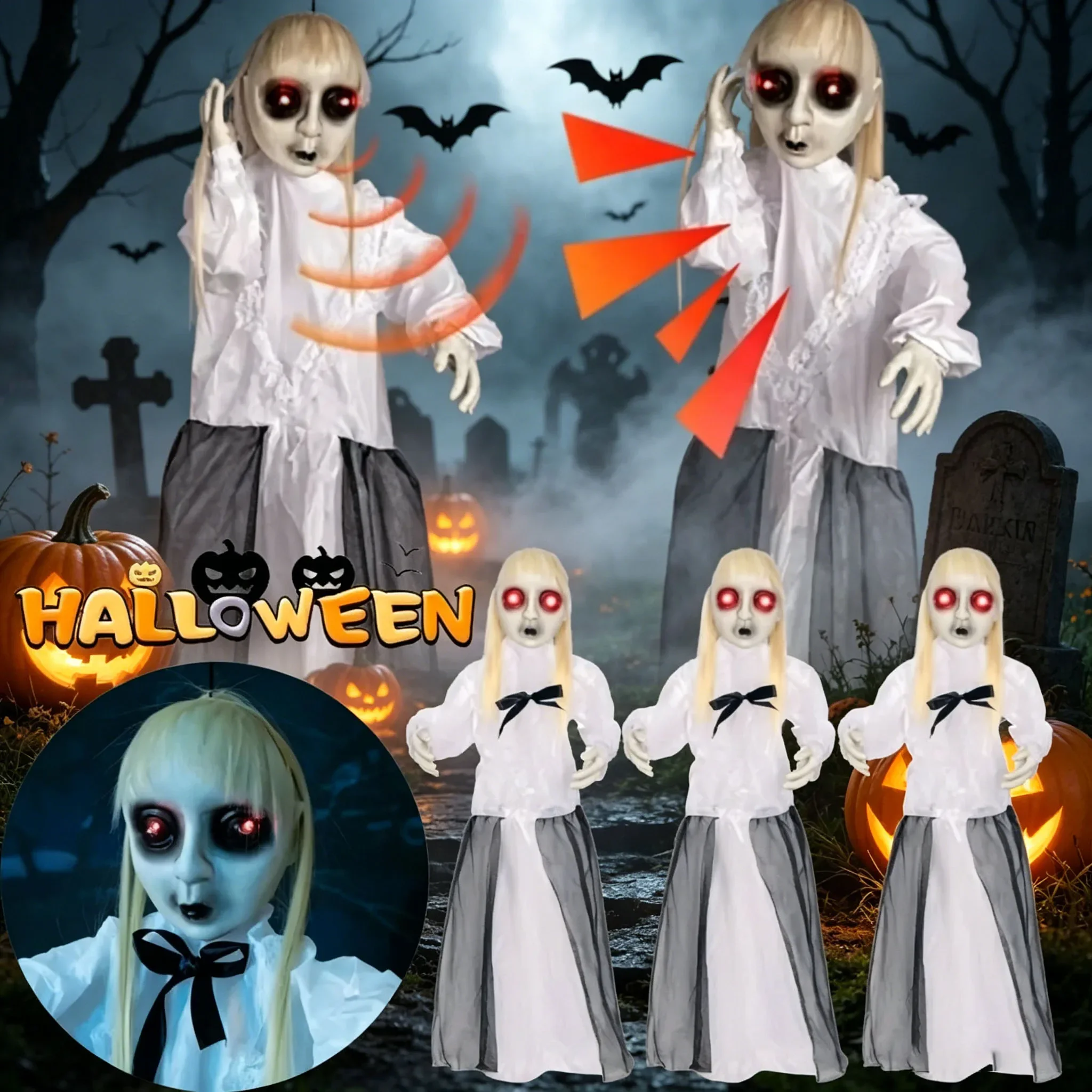 Halloween Animatronic Hanging Ghost Decor with Motion Sensor Light and Sound Scary Witch Prop for Haunted House Party Decoration