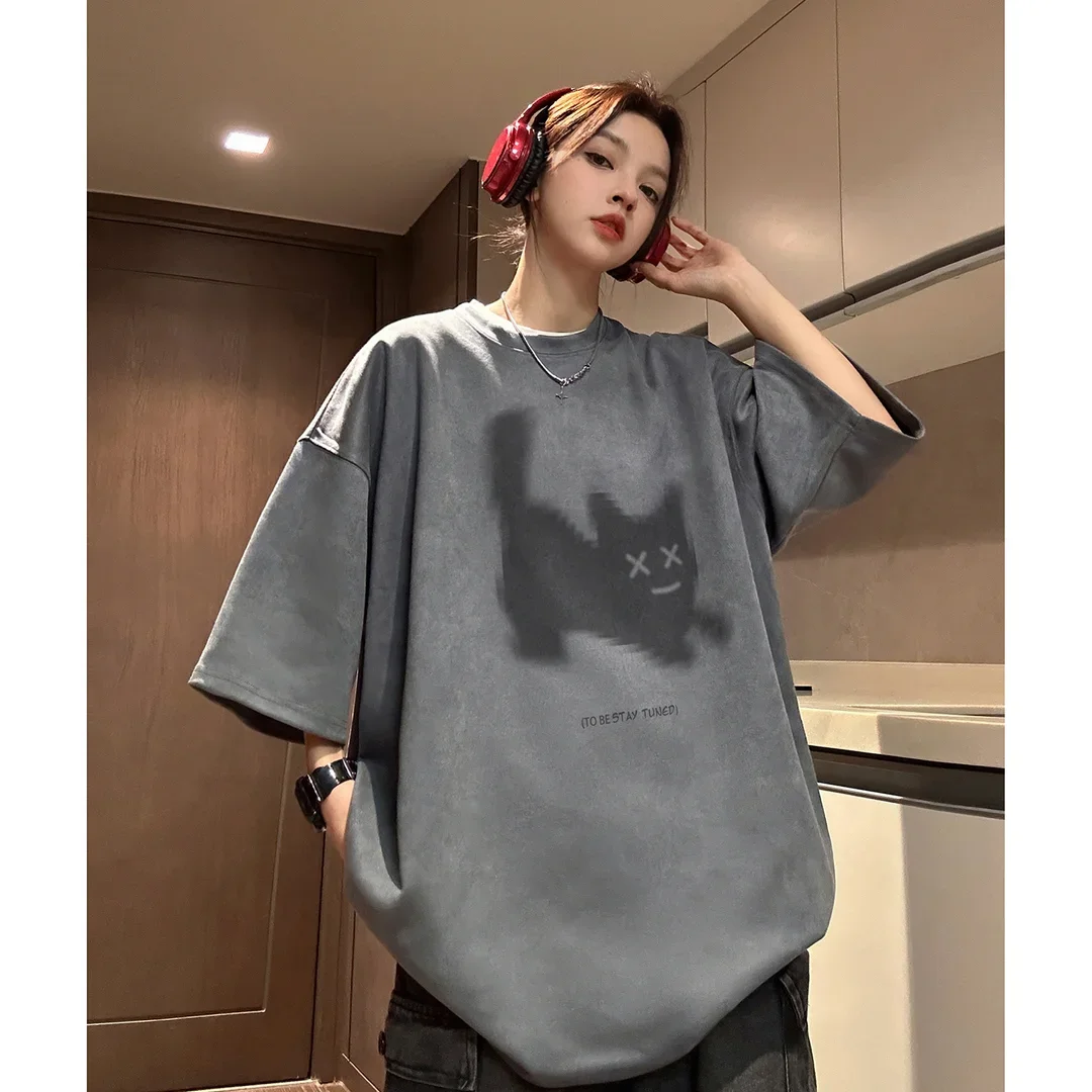 

Suede American t shirt spring and summer niche half-sleeved casual loose men and women couple trend short-sleeved T-shirt y2k