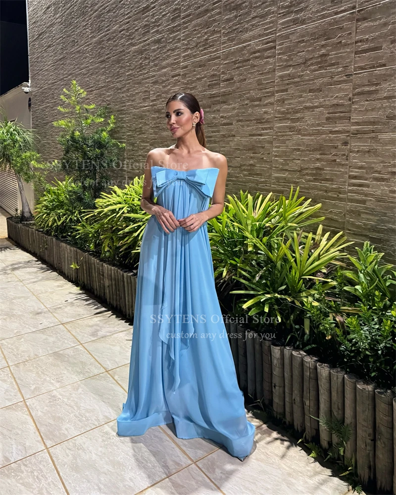 SSYTENS エレガントなブルーシフォンイブニングドレスストラップレスロングパーティードレス弓ノースリーブウェディングウエディングドレス 2026 カスタマイズ