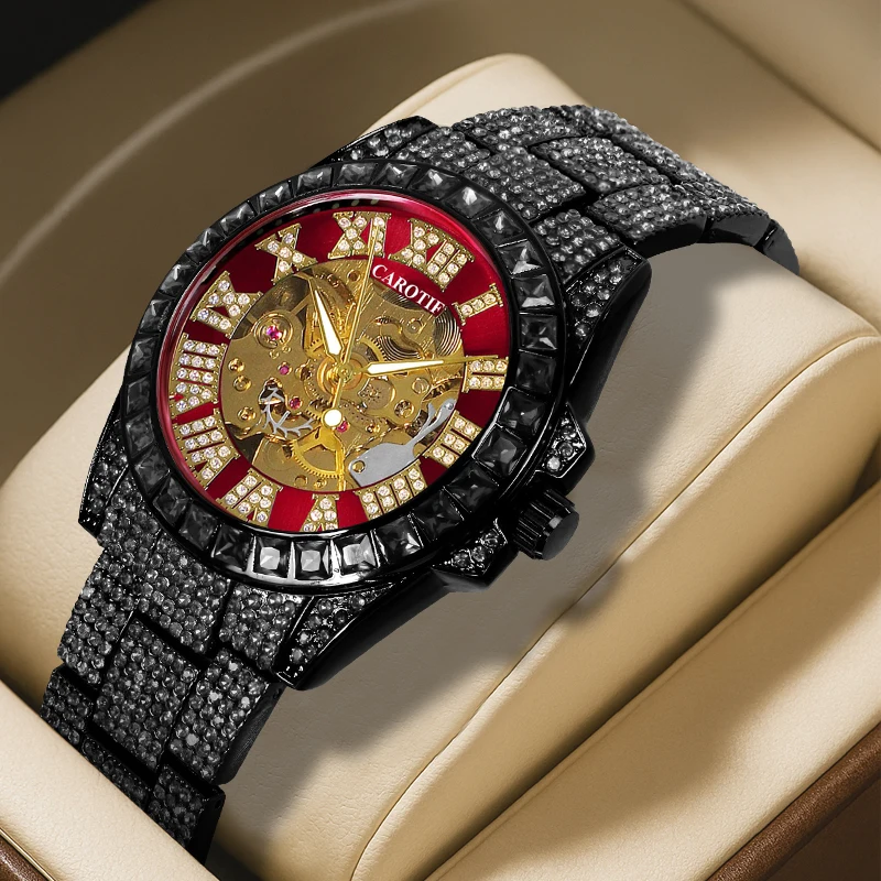 

A men's black steel strap hip hop fashion black shell red face Roman stud fully automatic mechanical watch