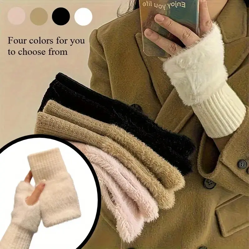 Soft Winter Half Finger Gloves Women Warm Luxury Solid White Plush Knitted Fingerless Gloves Wrist Mittens Writting