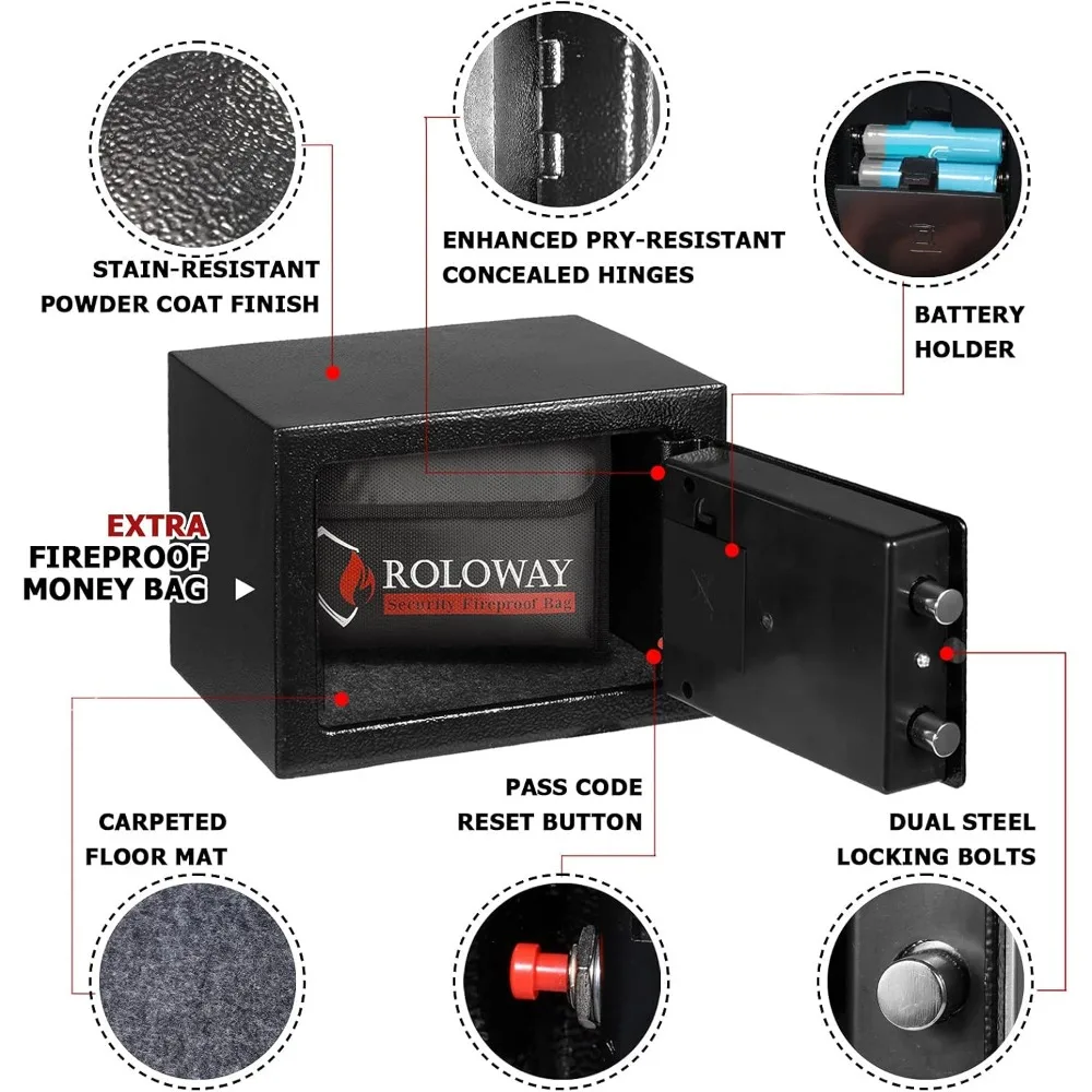 Cassetta di sicurezza per soldi in acciaio per la casa con salvadanaio ignifugo per contanti nascosti, cassetta di sicurezza con chiavi e tastiera (nero)