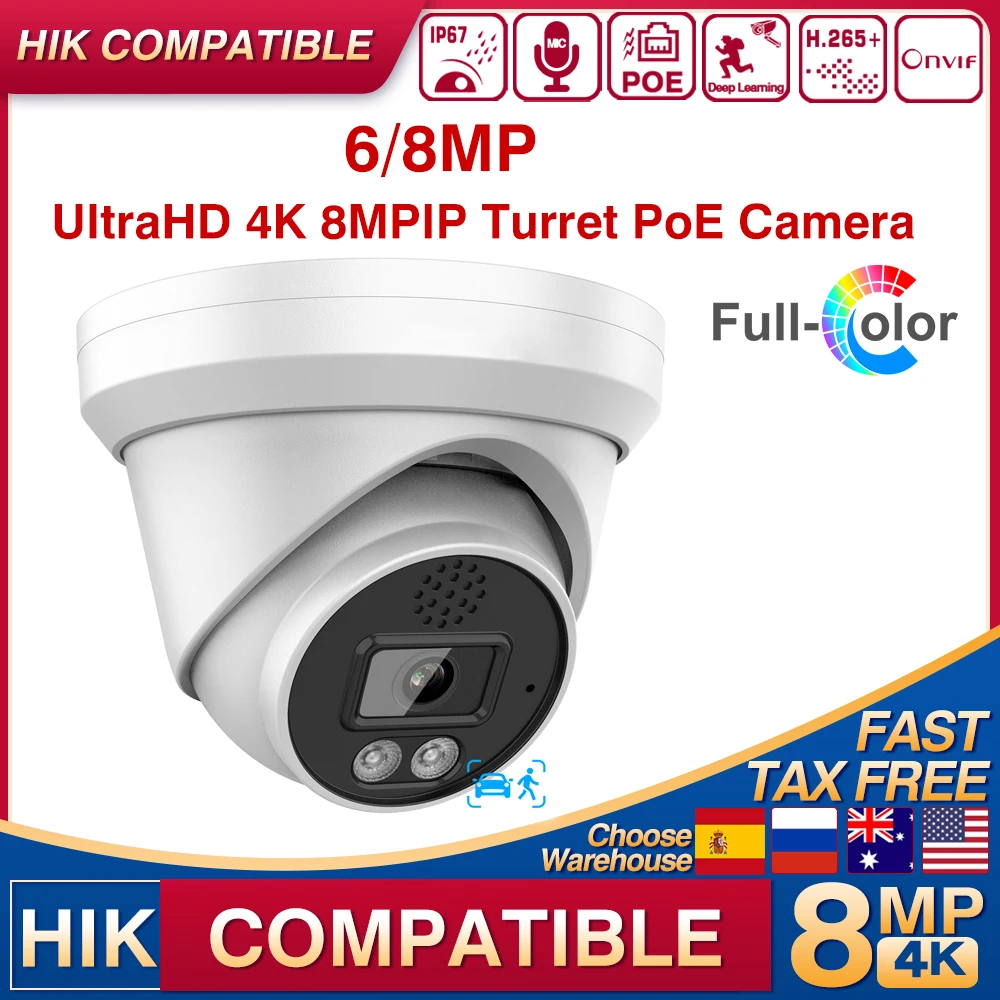 Hikvision Compatible 4K 6/8MP IP Turret PoE Camera Human Vehicle Detection Built-in Mic Speaker HIK Protocol Video Surveillance