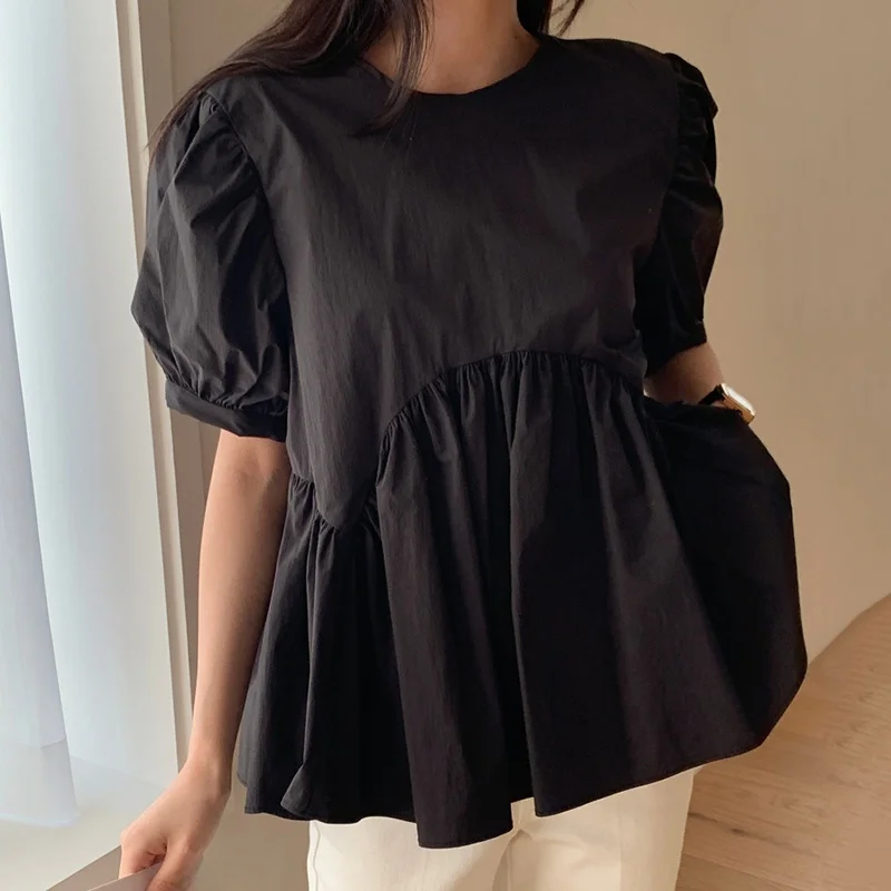

Chic Summer Loose Bubble Sve irt round Ne Ba Hollow out Detailing Versatile Top for Young Women 8-24 Years Old