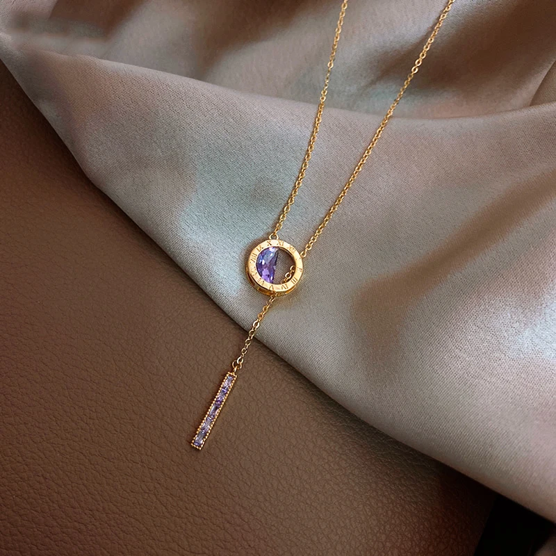 French Elegant Roman Numerals Purple Zircon Design Pendant Necklace Sexy Women's Prom Party Clavicle Necklace