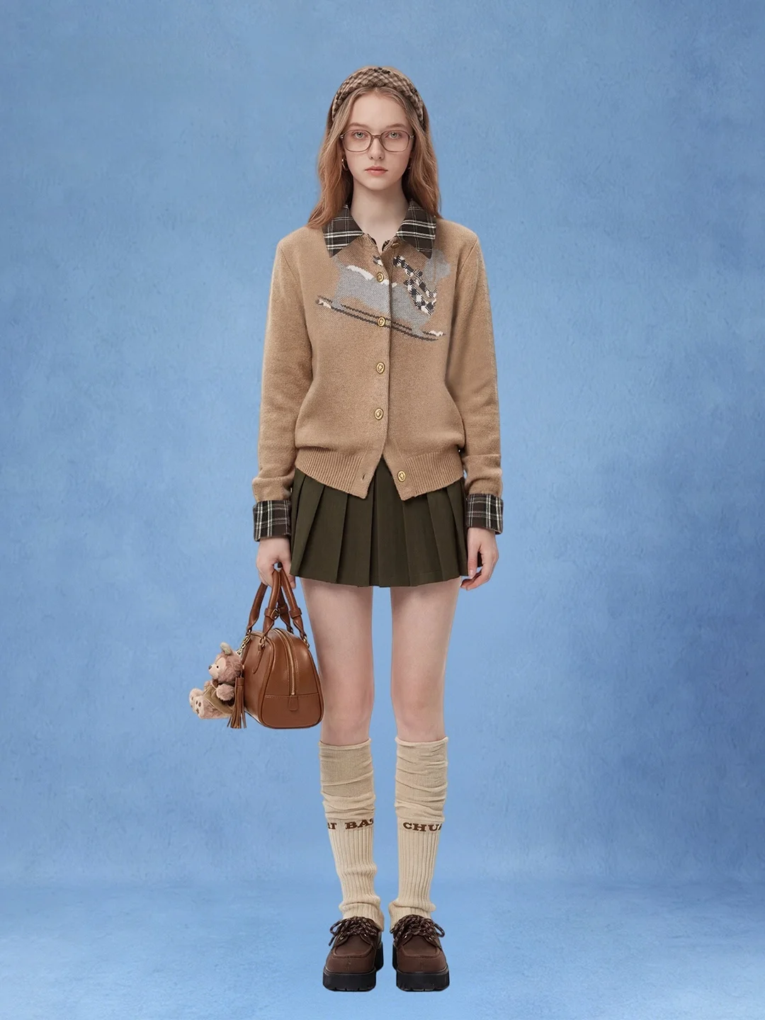 

AHMI Caramel Latte Retro Coffee Knit Cardigan Collar Splice Women's Spring Soft Breathable Long Sve Casual Top