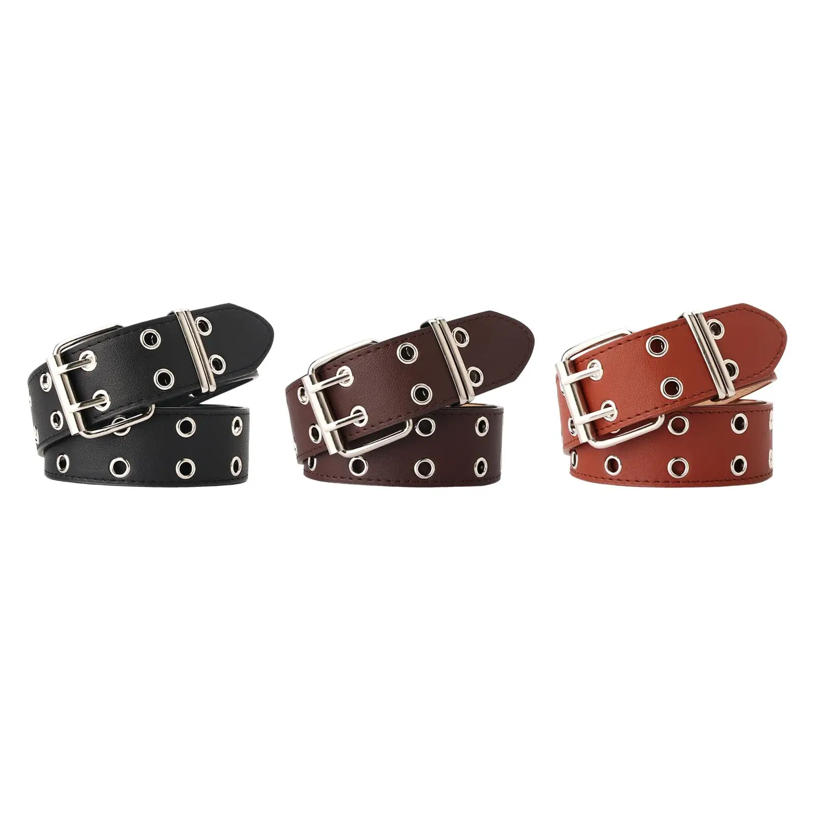 Adjustable PU Leather Punk Waist Belt Double Grommet Hollow Eyelet Wide Strap for Women Party Performance Cosplay