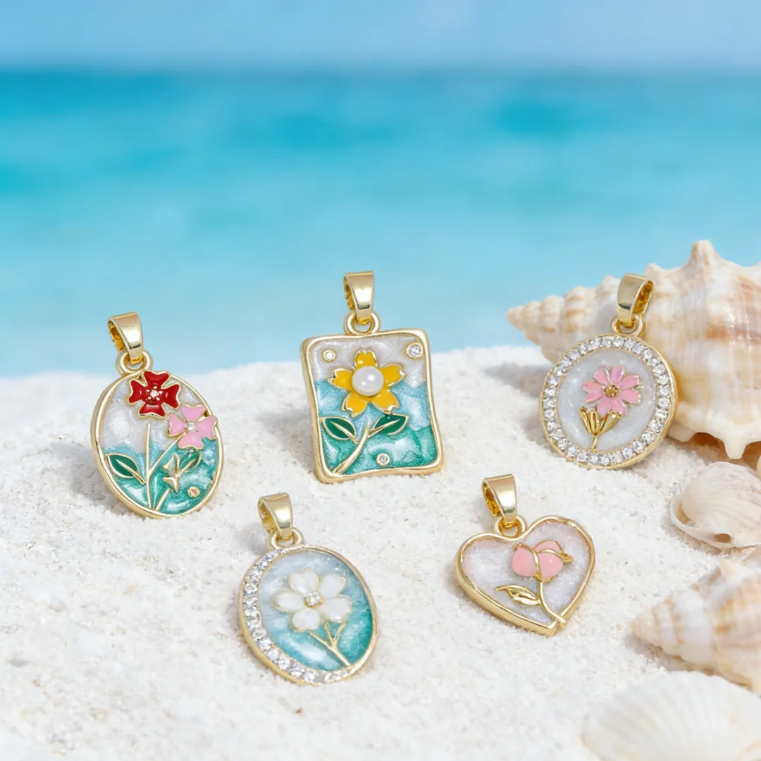 

3Pcs Pendants Brass Zirconia Enamel Floral Charms for DIY Jewelry Necklace Bracelet Fashion Accessories Daily Wear for Women Men