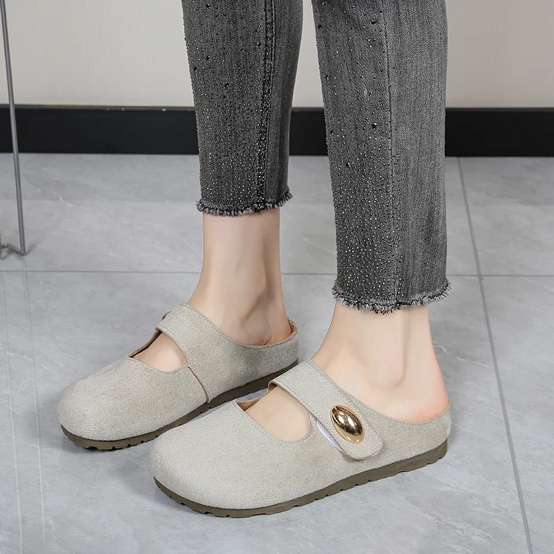 Free Shipping Women's Suede Mary Jane Mules,Casual Backless Flat Clogs,Comfortable Slip-on Slippers,Retro Minimalist Daily Shoes view 5