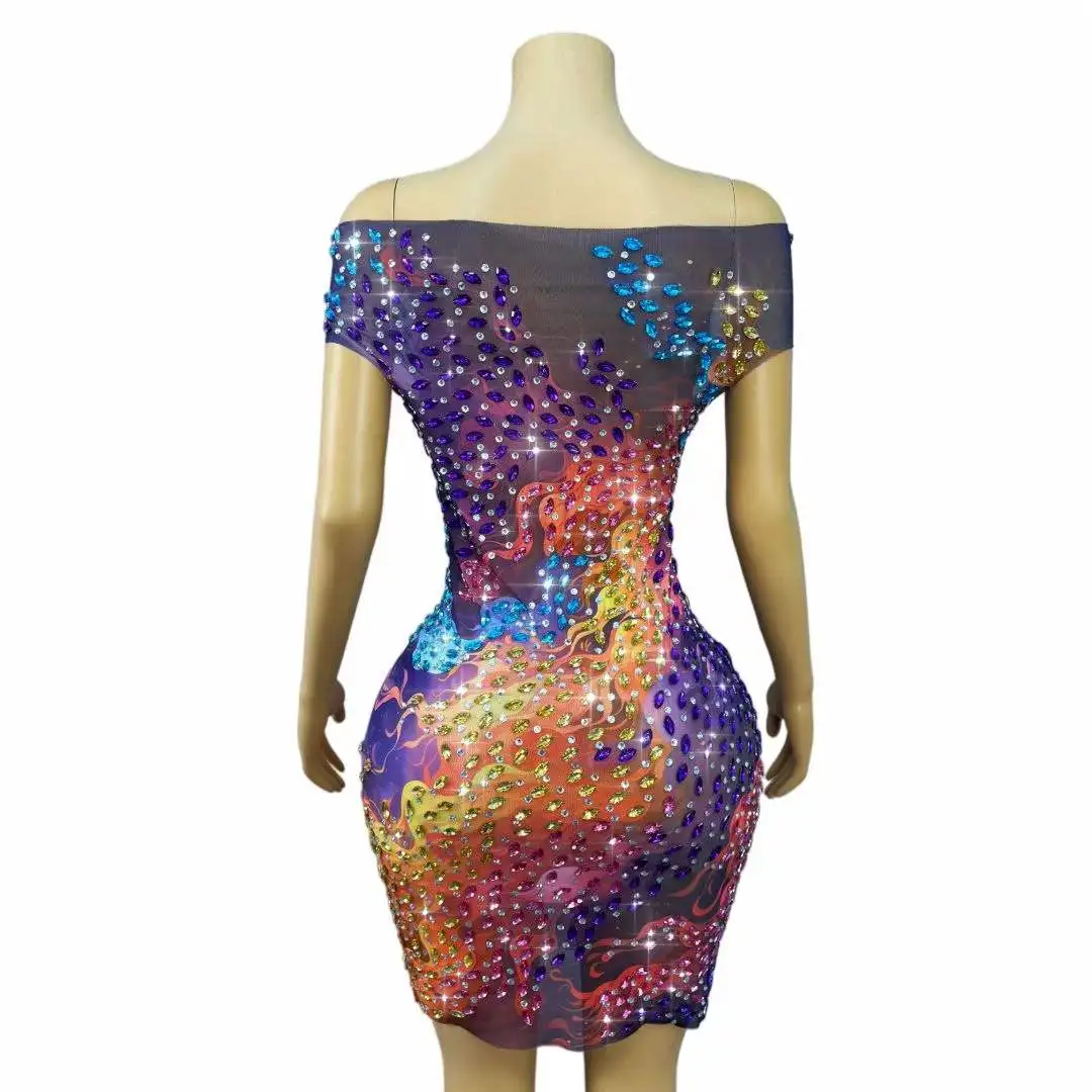 Sexy Elegance Off-Shoulder Flashing Rhinestones Trim Fit Mesh Dress Evening Birthday Exquisite Gown Fashion Show Stage Wear view 2