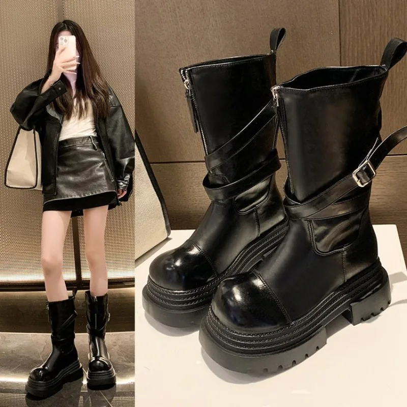 

Winter Women Biker Boots Fashion Belt Buckle Ladies Elegant Platform Long Pipe Booties Casual Women's Knee High Booties New 40