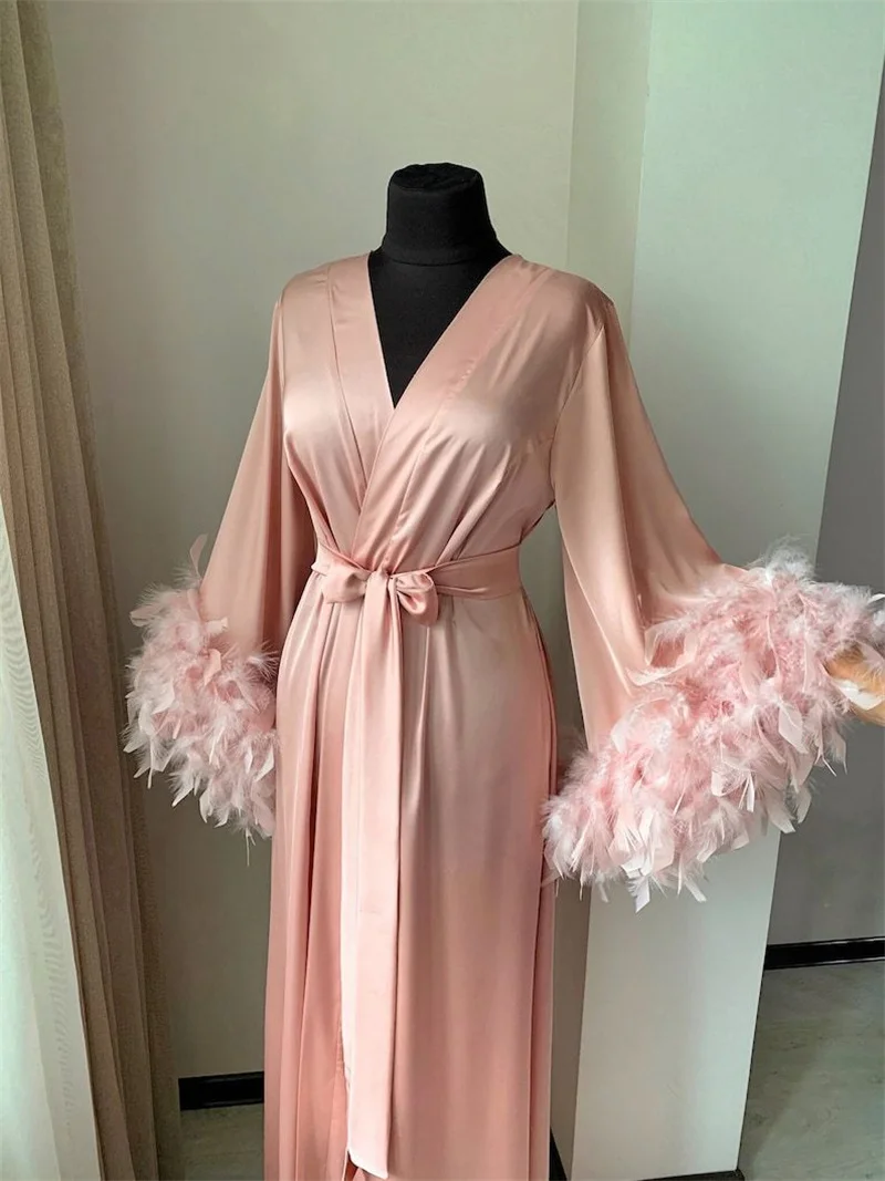 Ostrich Feathers Satin Women Pregnant Prom Dress Belted Sexy V Neck Full Sleeves Bridal Morning Robe Customized Party Gown