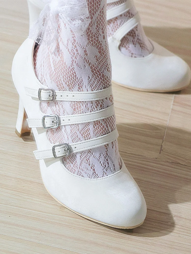 Lolita Girl Elegant Cla Style Lolita Mary Jane High Heels Women Pointed Toe Three Buckle Strap Patent Leather Pumps