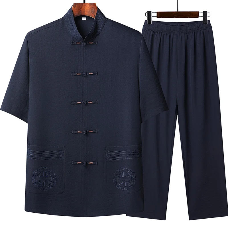 Tang Suit (top + Pants) Men\'s Fashion Business Collar Embroidered Disc Buckle Chinese Style Lay Dress Han Dress Tai Chi Suit