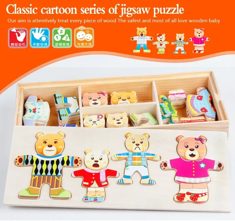 

Wooden Cartoon Change Clothes Kids Early Educational Toy Jigsaw Puzzle Bear Dressing Game Montessori Baby Toys For Children Gift