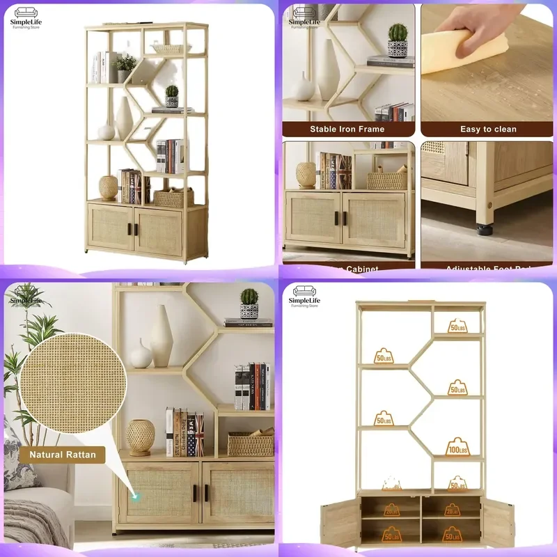 Modern Creative Bookshelf for Living Room Storage Rack Iron Wood Bamboo Panel Shelf with Cabinet Door Home Office Study