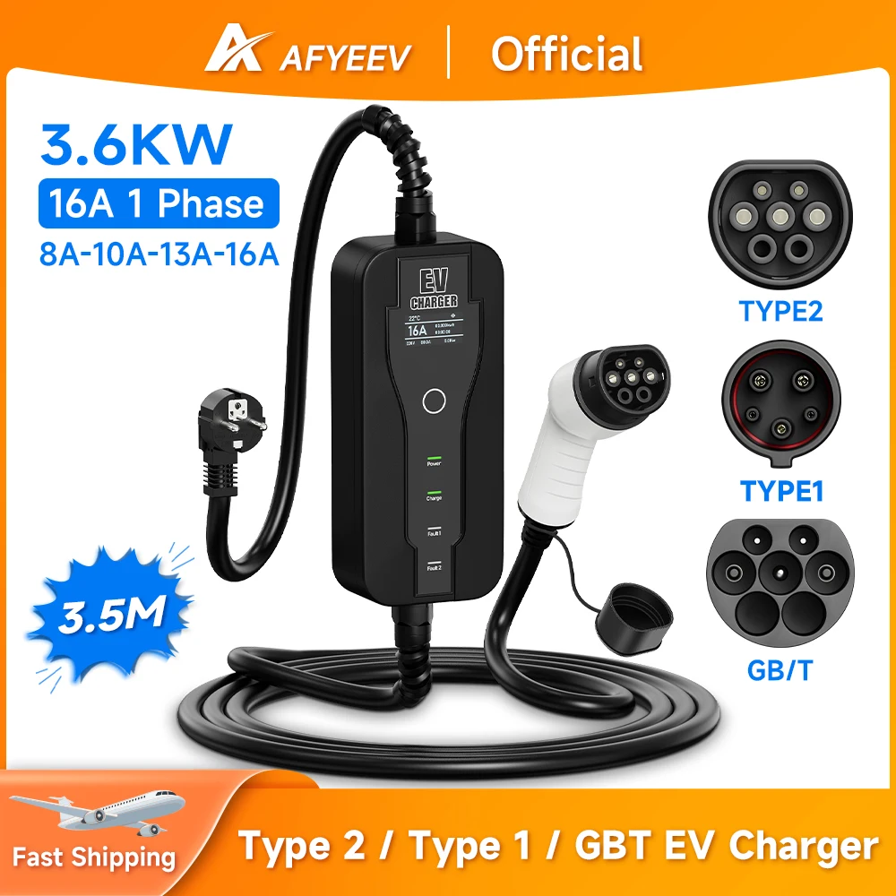 AFYEEV Portable EV Charger GBT Standard 16A Type2 IEC62196-2 EVSE Charging Cable Type1 SAE J1772 EU Plug Controller Wallbox