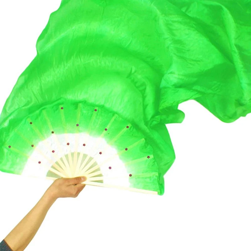 Chinês meio círculo dança do ventre fã, bambu SilkVeil pares, corante de mão para adultos, longo Bellydance fã, venda quente