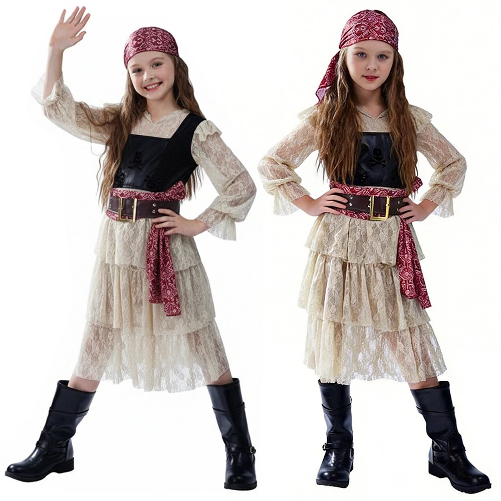

Carnival Vintage Pirate Costume Dress Medieval Buccaneer Outfit with Lace Dress Vest Belt Headscarf for Halloween Theme Party