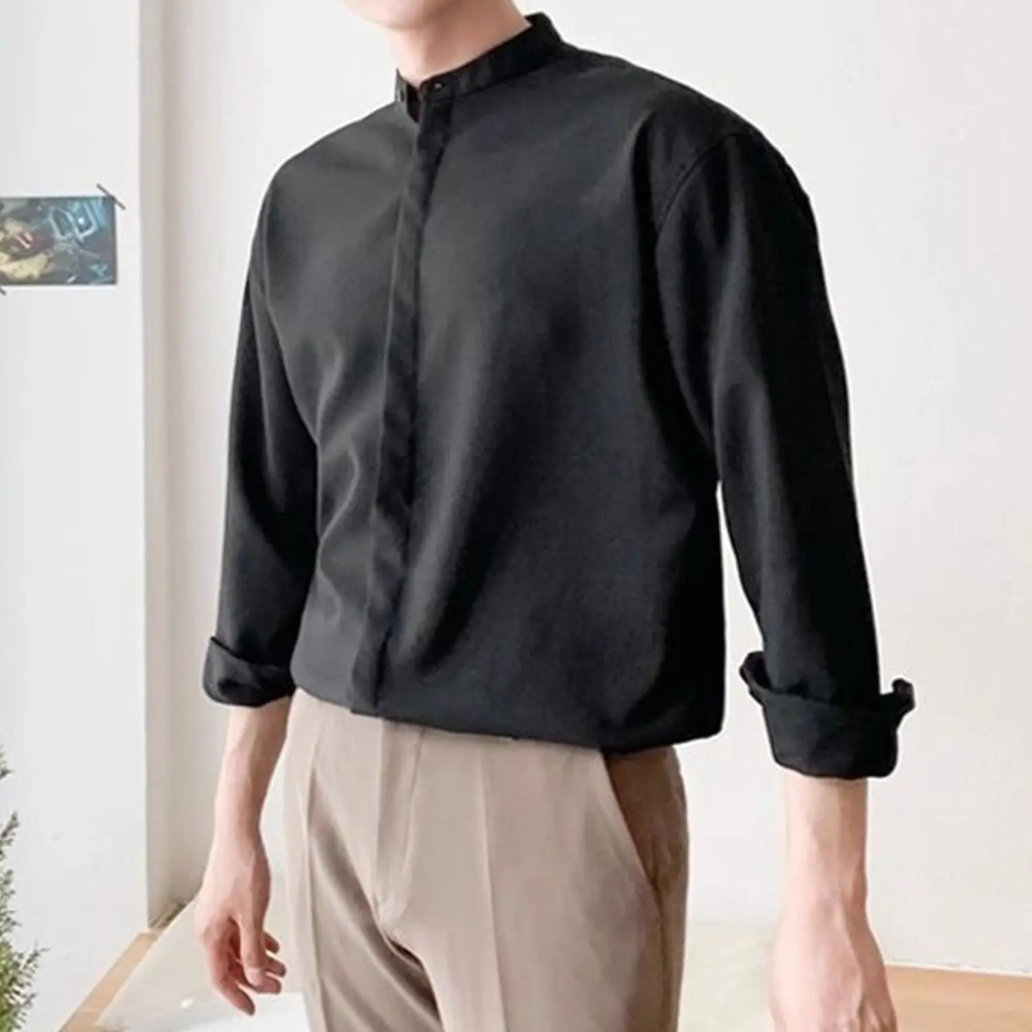 Men Stand Collar Long Sleeve Shirt Ice Silk Thin Loose Drape Sun Protection