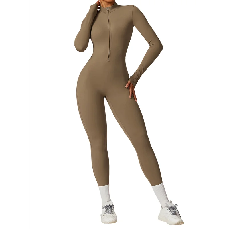 

FX-Women Long Sleeve Workout Jumpsuit Zip Up Romper Bottom Pants Bodysuit Bodycon