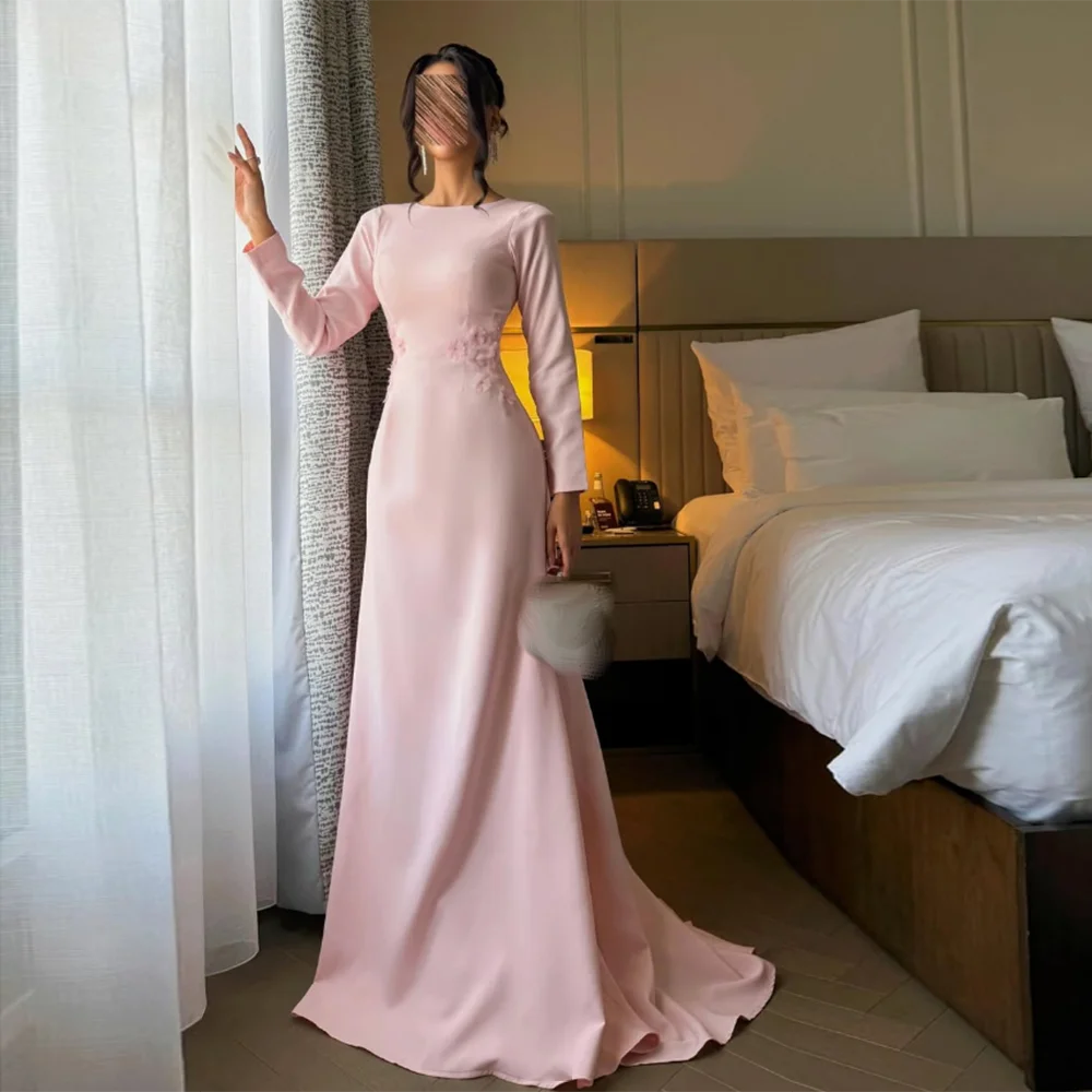 

Customized O-Neck Formal Evening Dresses Full Sleeve Backless Sweep Train Lace Appliques Long Prom Gown Modern Lady Party Dress