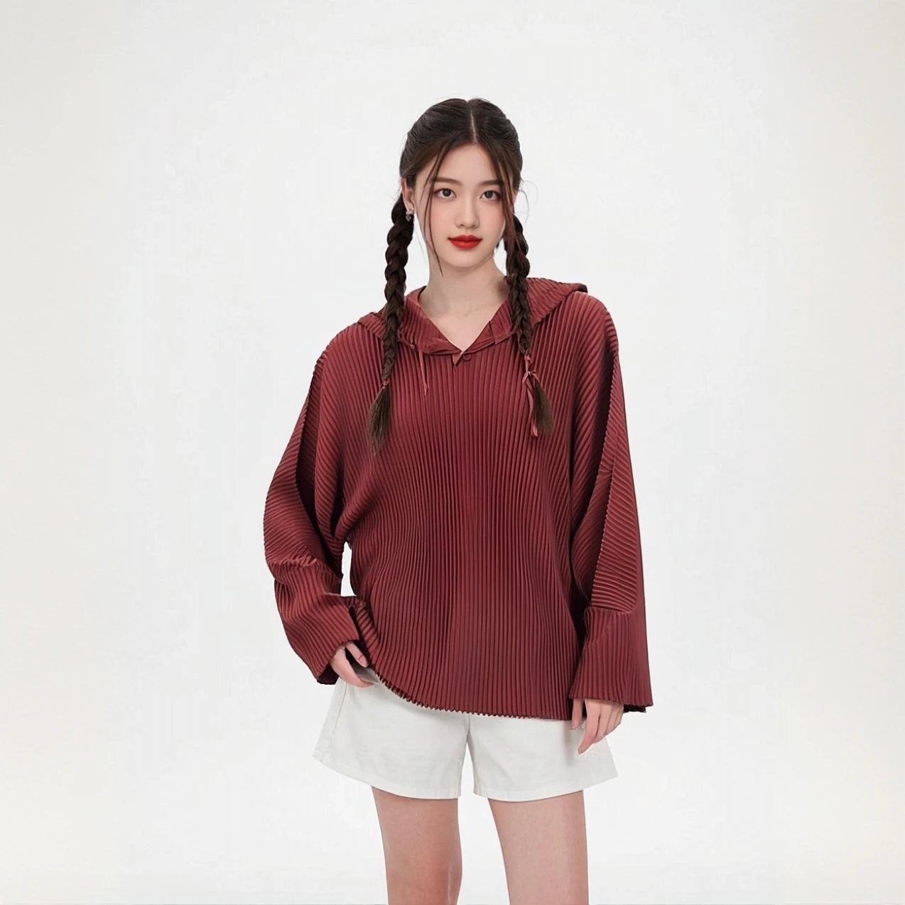 

Autumn Three Bedroom Pleated Groove Strip Pleated Solid Color Hooded Drawstring Loose Casual Large Size Long Sleeved Sweatshirt