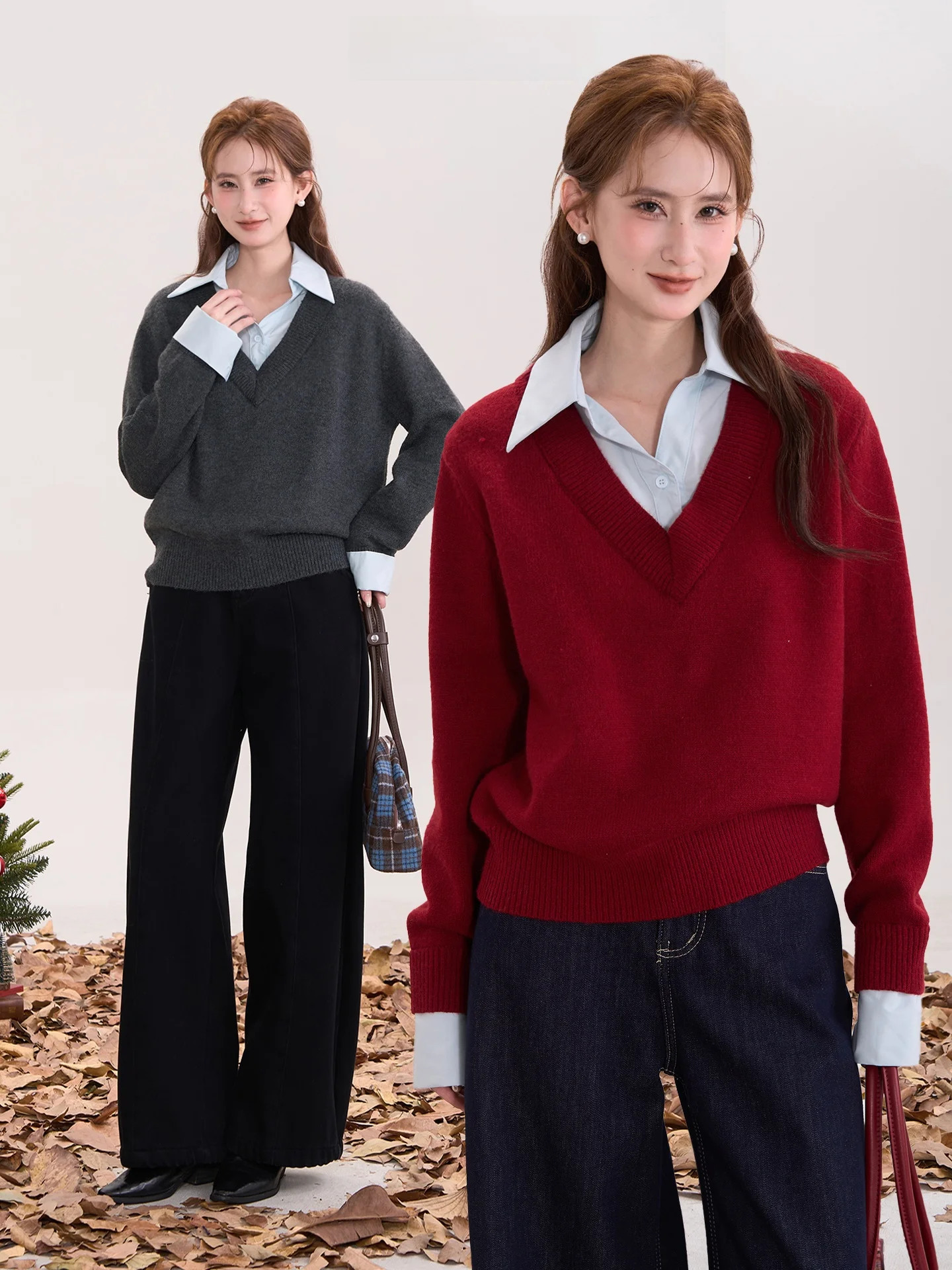 

Женский повседневный вязаный свитер с воротником-стойкой, имитация двухслойного дизайна, с эффектом двойного слоя, элитный стиль, трикотажная одежда