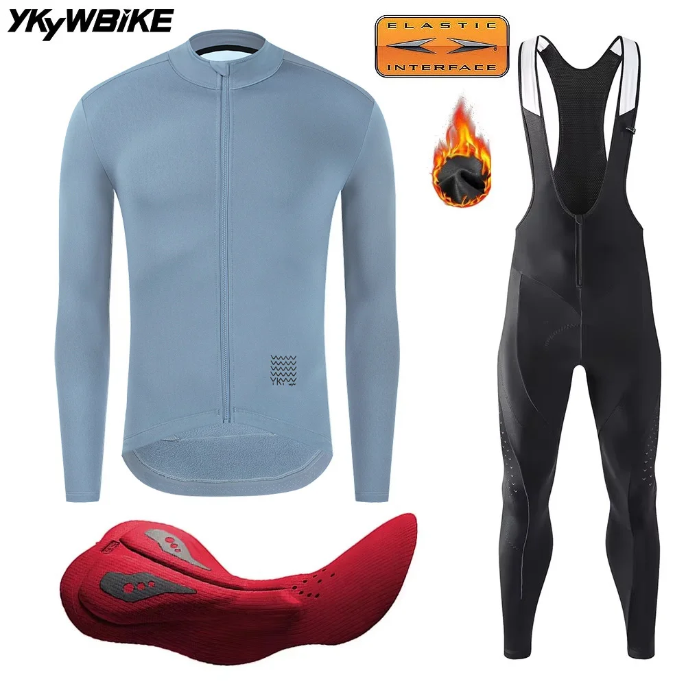 YKYWBIKE Winter Men Cycling Jacket Sets Thermal Fleece Long Sleeve 5-15°C Jersey Suit for Bib Pants Suit Ride Bicycle Clothing