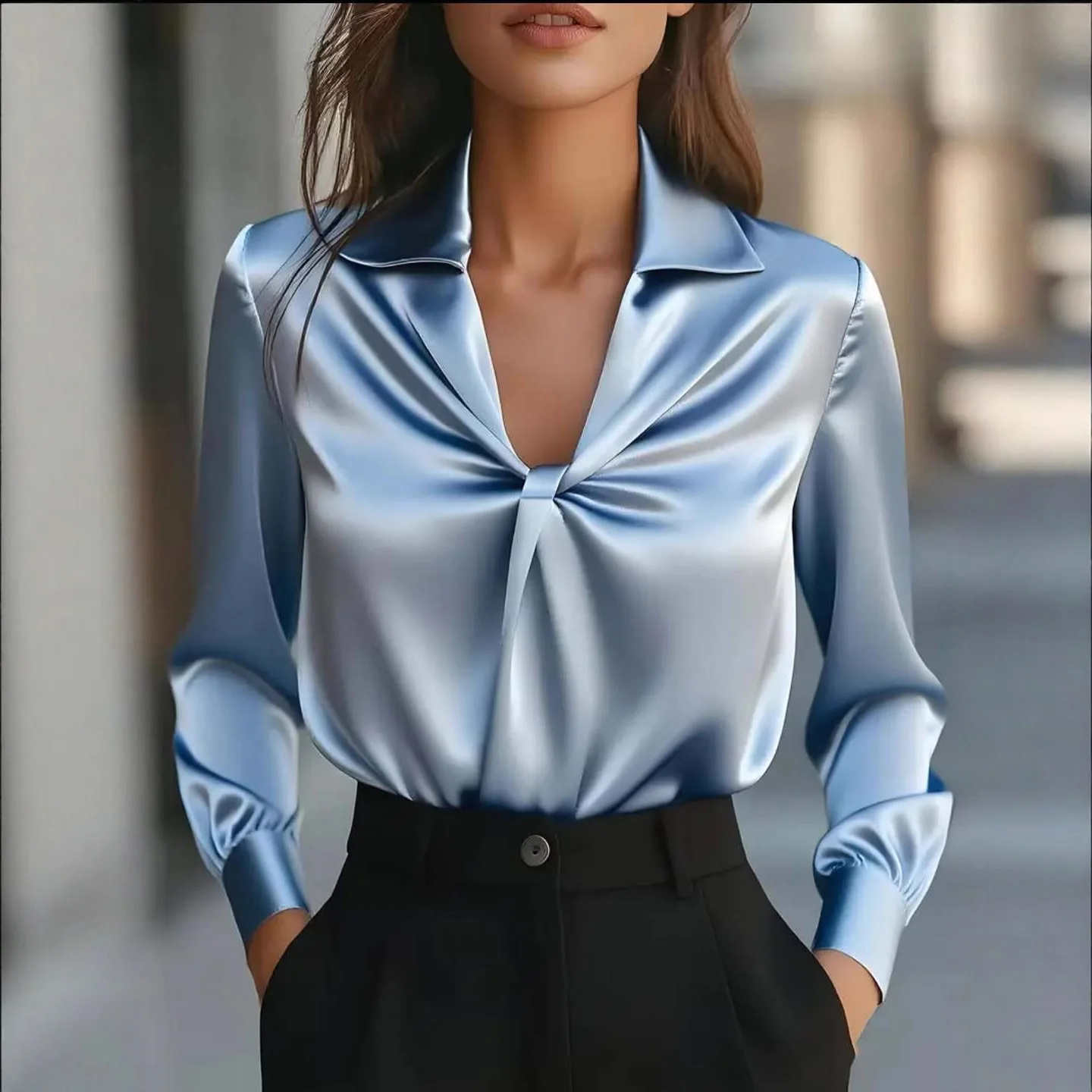 Frühling Und Herbst Mode Einfarbig Satin Gefaltetes Langarm Hemd Elegante Damen V-ausschnitt Pullover Büro Hemd Casual Bluse
