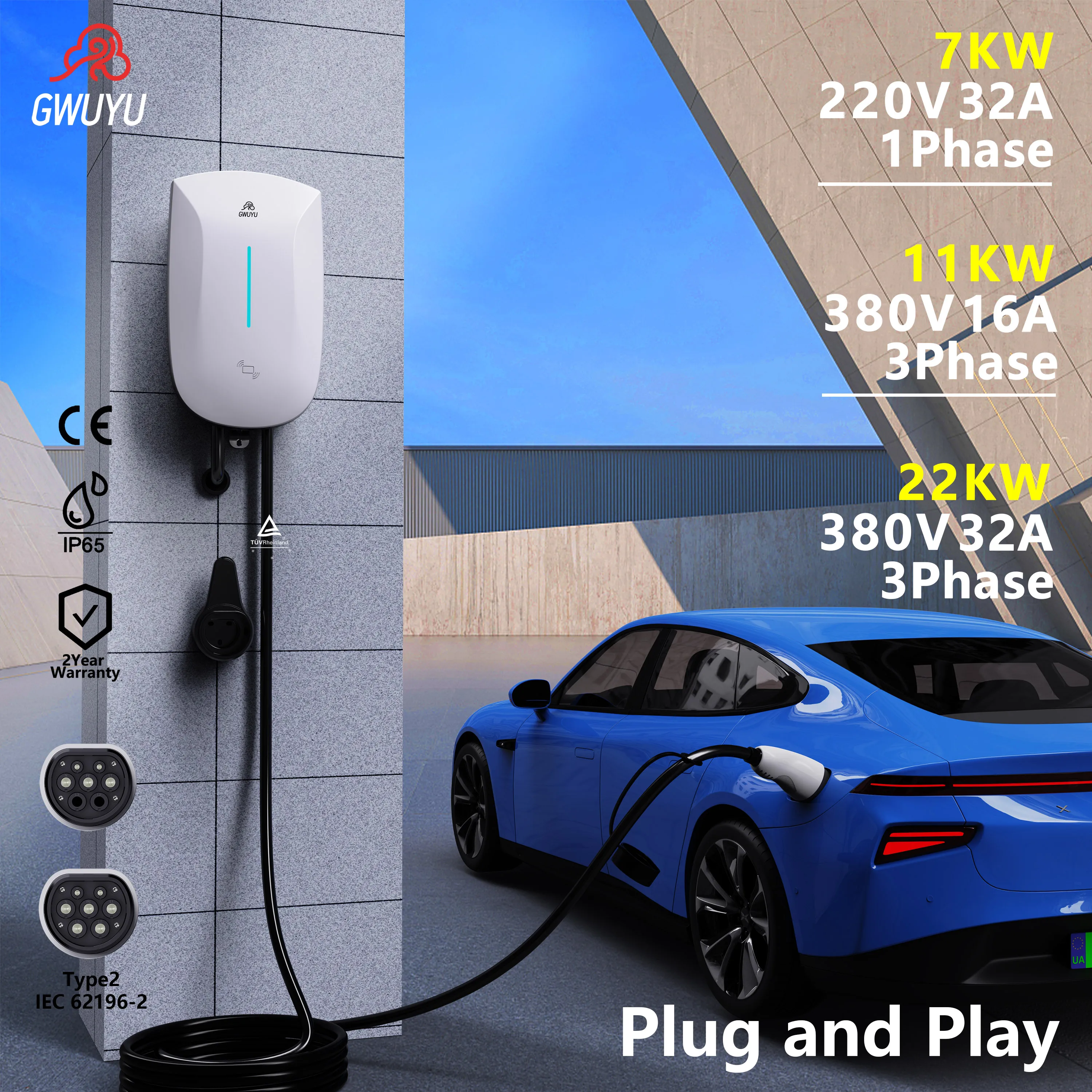 

7KW Wallbox EV Charger 380V 11KW 22KW 3Phase Electric Vehicle Charging Station Type2 IEC62196-2 Socket 5m Cable Plug and Play