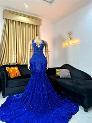 Glitter Royal Blue Crystals Beaded Prom Dresses Sequins Mermaid Evening Party Gowns Illusion O Neck Formal Party robes de soirée